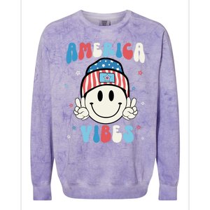 Groovy America Vibes Hippie Usa Flag Hat Freedom 4th Of July Gift Colorblast Crewneck Sweatshirt