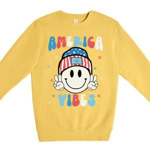 Groovy America Vibes Hippie Usa Flag Hat Freedom 4th Of July Gift Premium Crewneck Sweatshirt