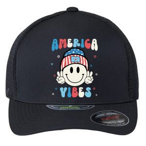 Groovy America Vibes Hippie Usa Flag Hat Freedom 4th Of July Gift Flexfit Unipanel Trucker Cap