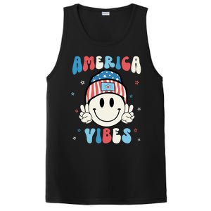 Groovy America Vibes Hippie Usa Flag Hat Freedom 4th Of July Gift PosiCharge Competitor Tank