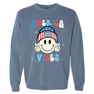 Groovy America Vibes Hippie Usa Flag Hat Freedom 4th Of July Gift Garment-Dyed Sweatshirt