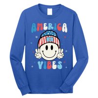 Groovy America Vibes Hippie Usa Flag Hat Freedom 4th Of July Gift Long Sleeve Shirt