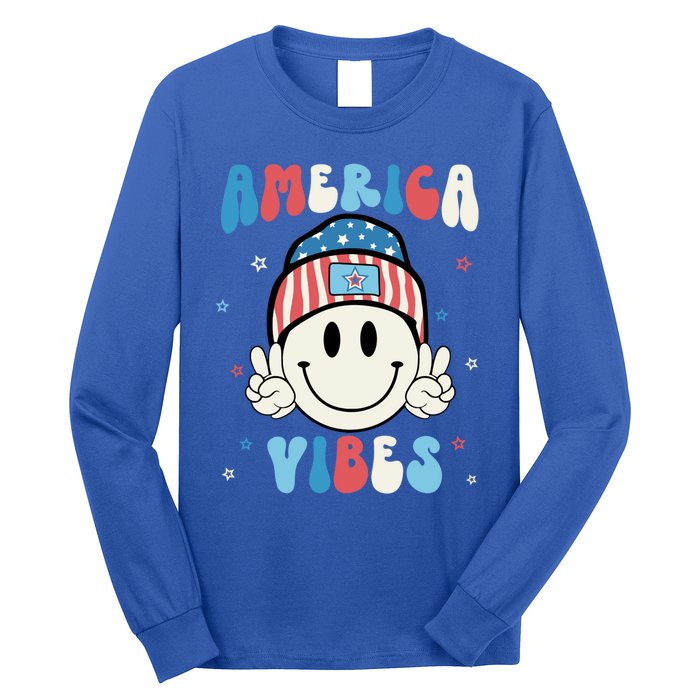 Groovy America Vibes Hippie Usa Flag Hat Freedom 4th Of July Gift Long Sleeve Shirt