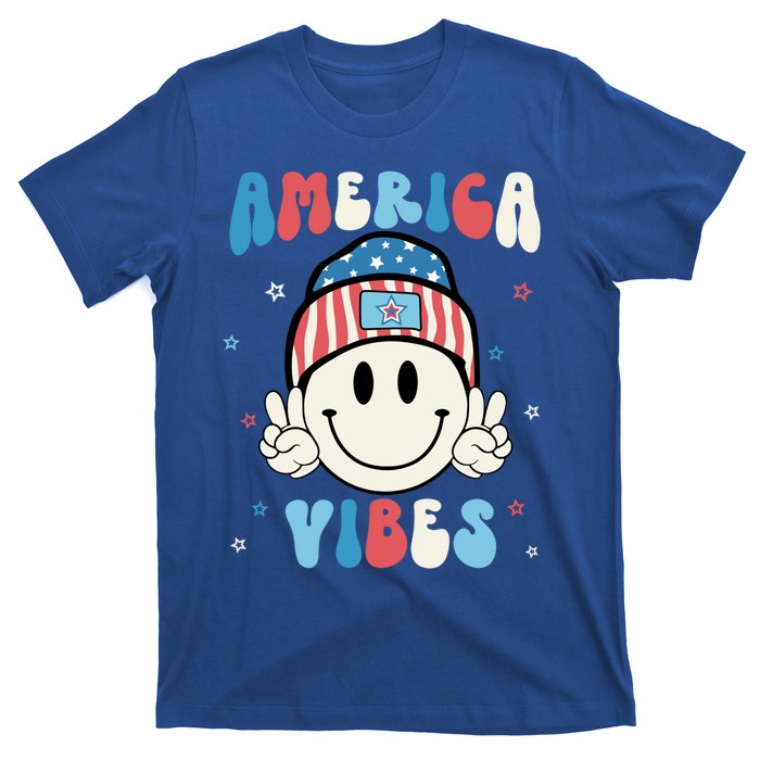 Groovy America Vibes Hippie Usa Flag Hat Freedom 4th Of July Gift T-Shirt