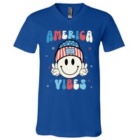 Groovy America Vibes Hippie Usa Flag Hat Freedom 4th Of July Gift V-Neck T-Shirt