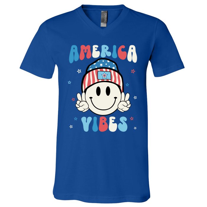 Groovy America Vibes Hippie Usa Flag Hat Freedom 4th Of July Gift V-Neck T-Shirt