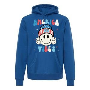 Groovy America Vibes Hippie Usa Flag Hat Freedom 4th Of July Gift Premium Hoodie