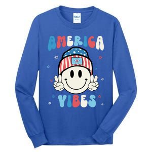 Groovy America Vibes Hippie Usa Flag Hat Freedom 4th Of July Gift Tall Long Sleeve T-Shirt