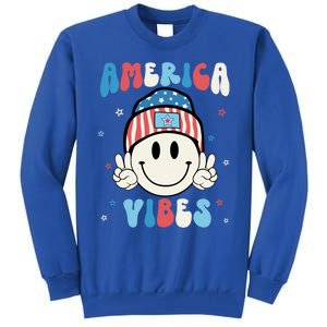 Groovy America Vibes Hippie Usa Flag Hat Freedom 4th Of July Gift Tall Sweatshirt