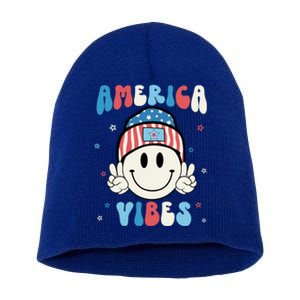 Groovy America Vibes Hippie Usa Flag Hat Freedom 4th Of July Gift Short Acrylic Beanie