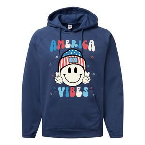 Groovy America Vibes Hippie Usa Flag Hat Freedom 4th Of July Gift Performance Fleece Hoodie