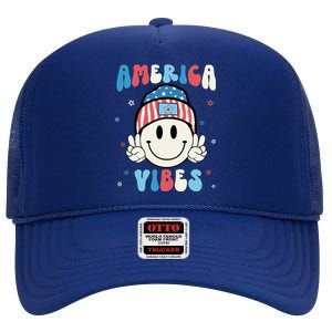 Groovy America Vibes Hippie Usa Flag Hat Freedom 4th Of July Gift High Crown Mesh Back Trucker Hat