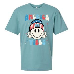 Groovy America Vibes Hippie Usa Flag Hat Freedom 4th Of July Gift Sueded Cloud Jersey T-Shirt