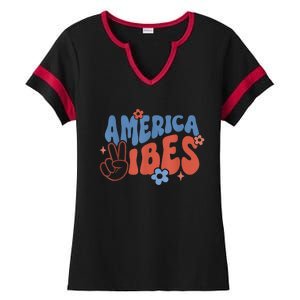 Groovy America Vibes Retro American USA 4th Of July Ladies Halftime Notch Neck Tee