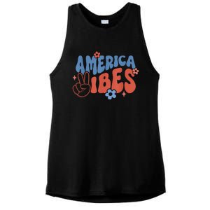 Groovy America Vibes Retro American USA 4th Of July Ladies PosiCharge Tri-Blend Wicking Tank