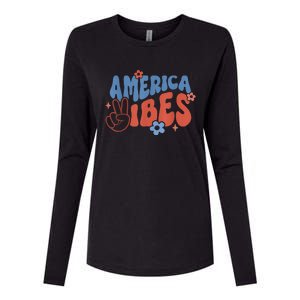 Groovy America Vibes Retro American USA 4th Of July Womens Cotton Relaxed Long Sleeve T-Shirt