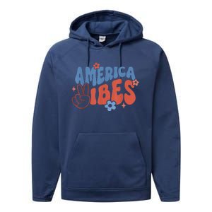 Groovy America Vibes Retro American USA 4th Of July Performance Fleece Hoodie