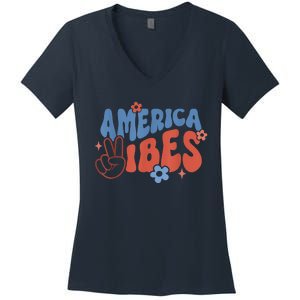 Groovy America Vibes Retro American USA 4th Of July Women's V-Neck T-Shirt