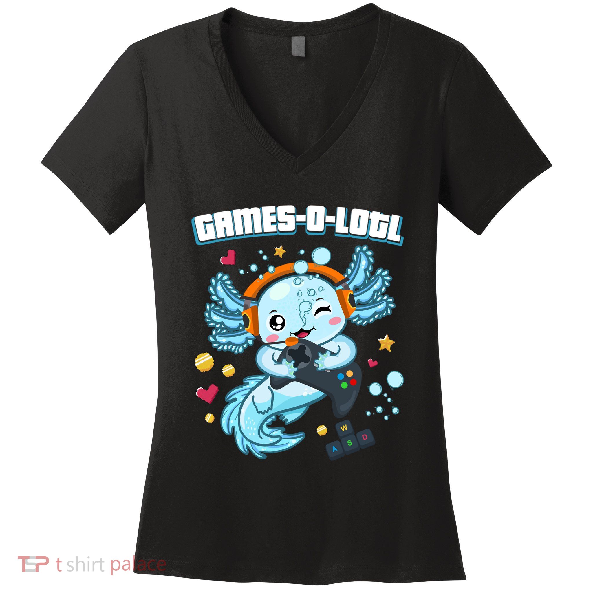 Gamesolotl Axolotl Video Gamer Kawaii Axolotl Fish Women's V-Neck T-Shirt