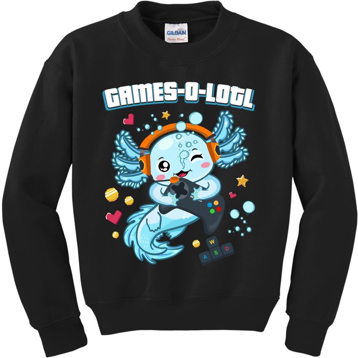 Gamesolotl Axolotl Video Gamer Kawaii Axolotl Fish Kids Sweatshirt