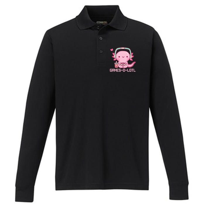 Gamesolotl Axolotl Video Games Kawaii Anime Gamer Performance Long Sleeve Polo