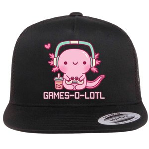 Gamesolotl Axolotl Video Games Kawaii Anime Gamer Flat Bill Trucker Hat