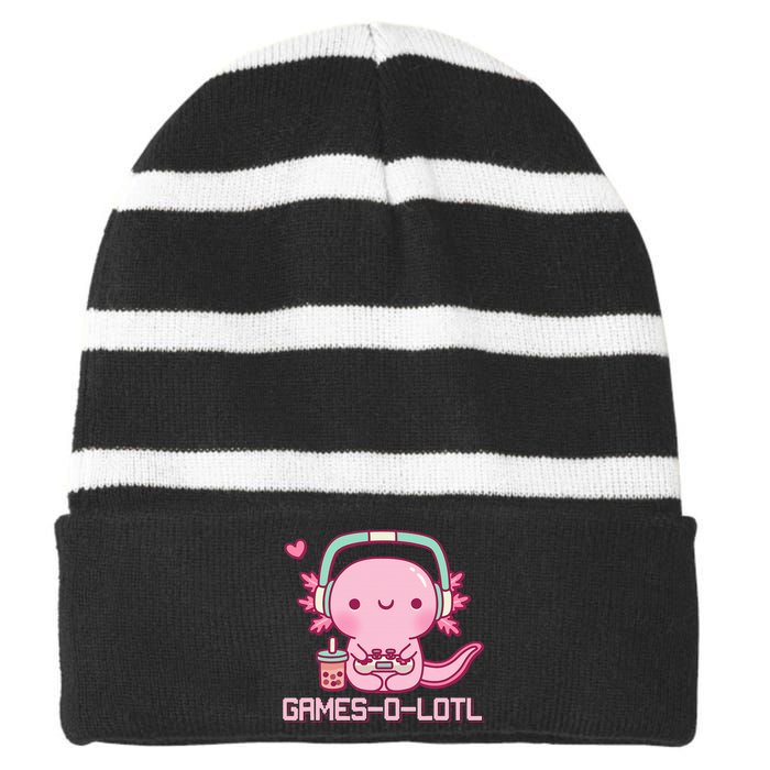 Gamesolotl Axolotl Video Games Kawaii Anime Gamer Striped Beanie with Solid Band