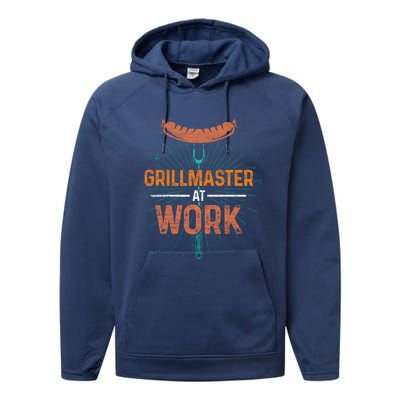 Grillmaster At Work Bbq Sausage Meat Lover Funny Barbecue Gift Performance Fleece Hoodie