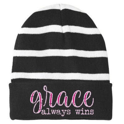 Grace Always Wins Christian Striped Beanie with Solid Band