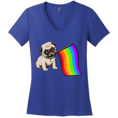 Gay Pride Flag Pug LGBT Women's V-Neck T-Shirt