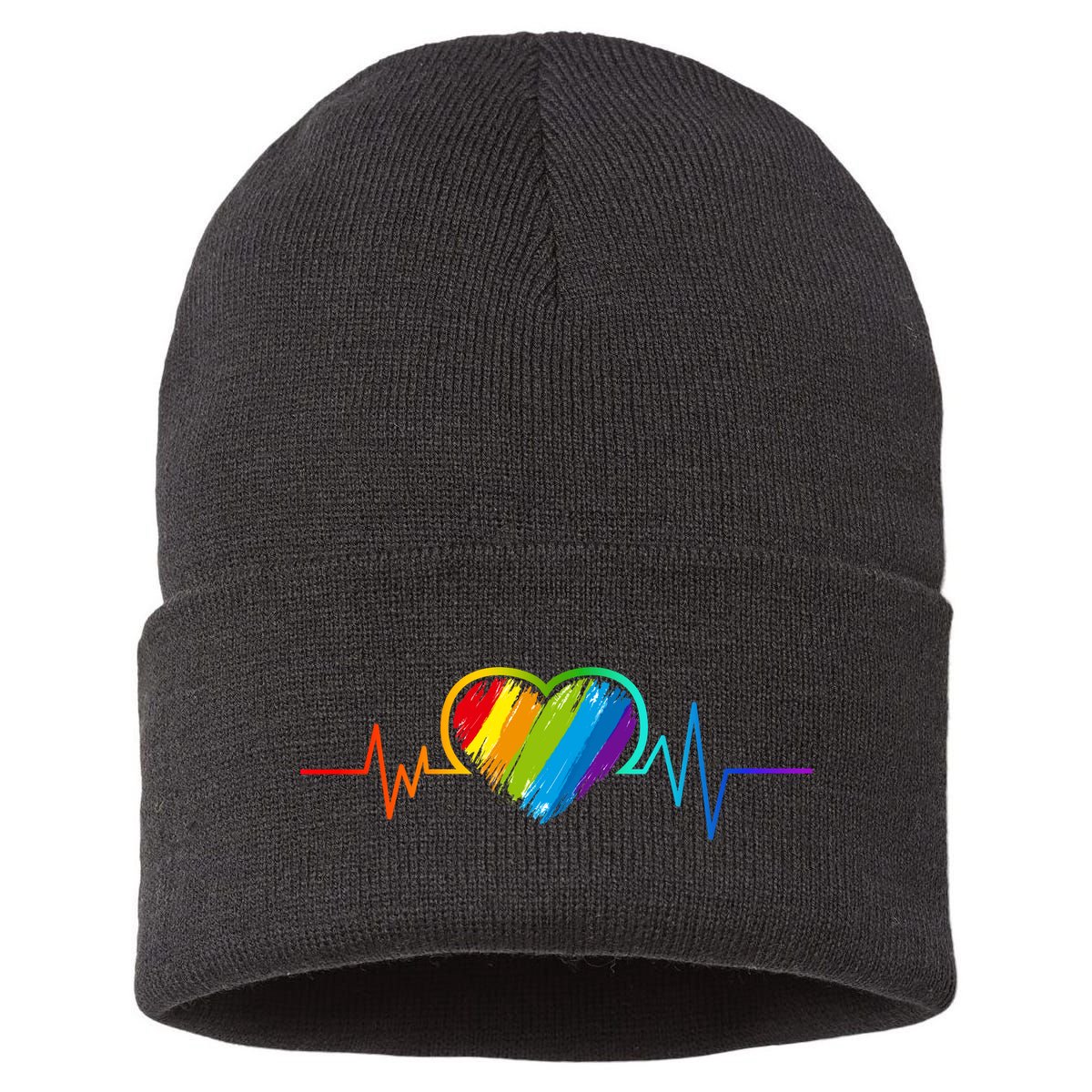 Gay Pride Rainbow Heartbeat Pulse Sustainable Knit Beanie