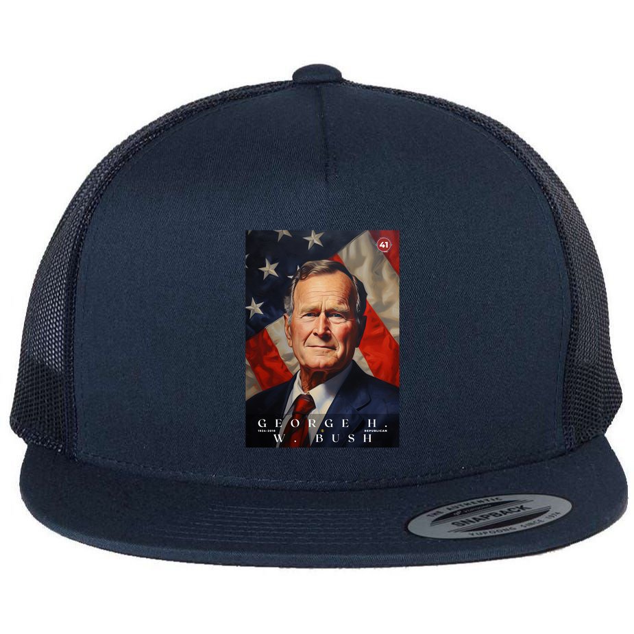 George Bush 41st President Of The United States Portrait Flat Bill Trucker Hat