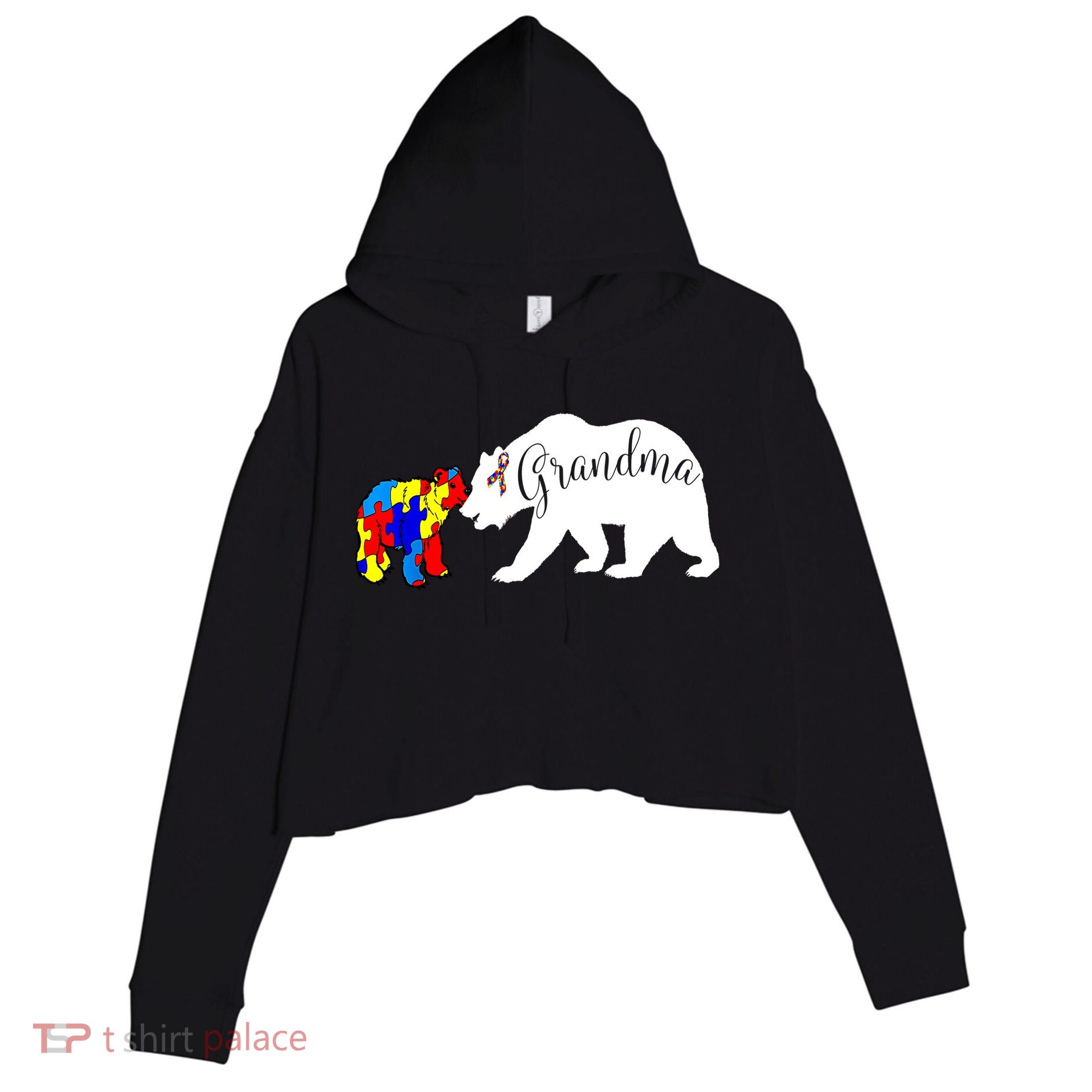 Grandma Bear Autism Awareness Crop Fleece Hoodie