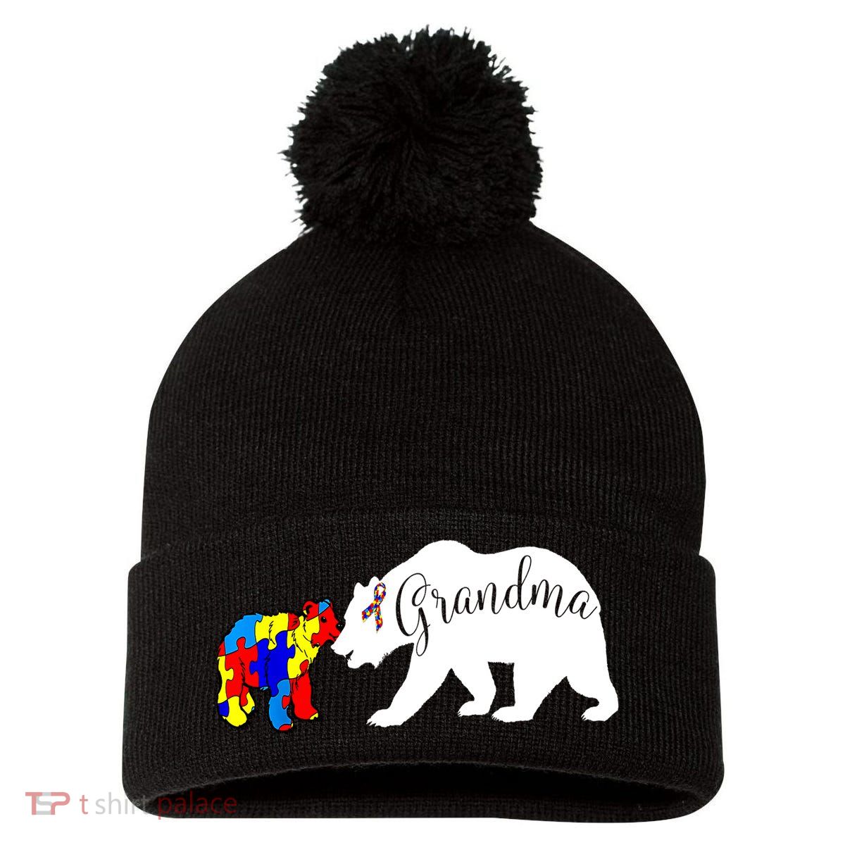 Grandma Bear Autism Awareness Pom Pom 12in Knit Beanie