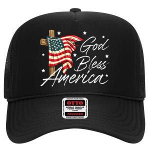 God Bless America Fourth Of July Christian Patriot High Crown Mesh Back Trucker Hat