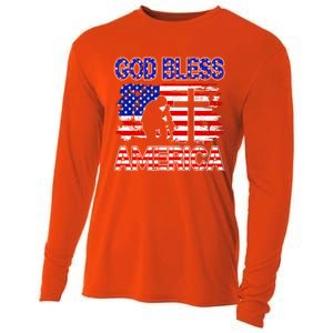 God Bless America 4th Of July Usa Flag Patriotic Christian Gift Cooling Performance Long Sleeve Crew