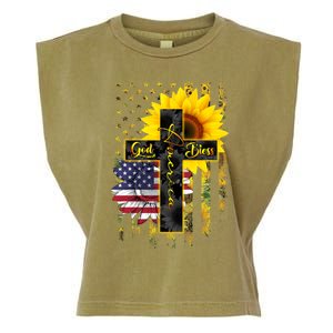 God Bless America Gift Sunflower American Flag Christ Cross Cool Gift Garment-Dyed Women's Muscle Tee