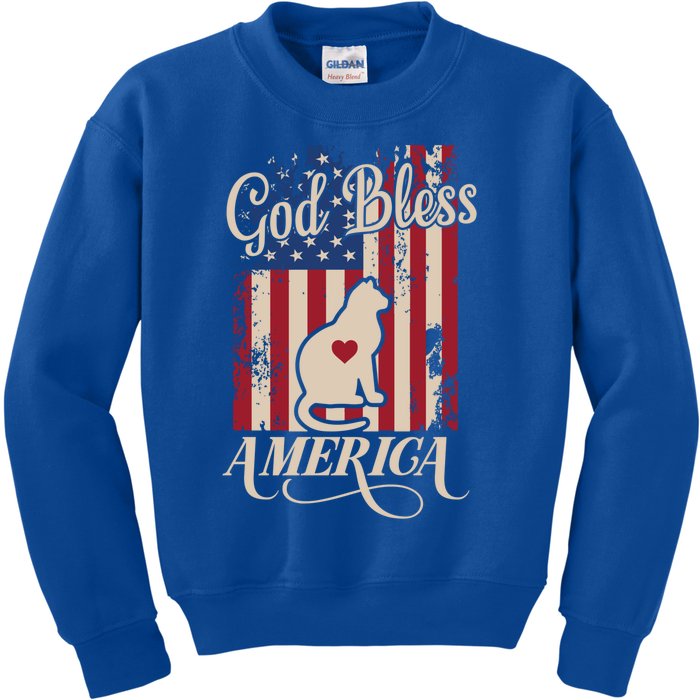 God Bless America Cat American Flag Patriotic Gift Kids Sweatshirt