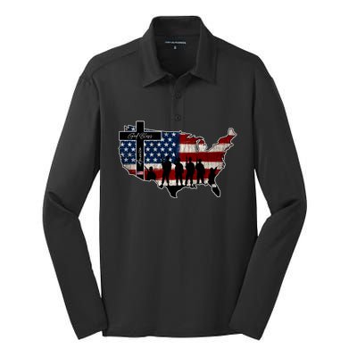 God Bless America For Patriotic Independence Day 4th Of July Gift Silk Touch Performance Long Sleeve Polo