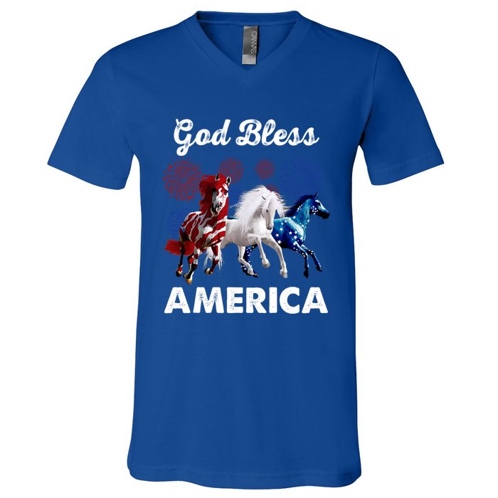 God Bless America Red White Blue Horses Cute Gift V-Neck T-Shirt