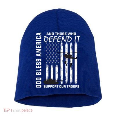 God Bless America Support Our Troops Veterans American Flag Meaningful Gift Short Acrylic Beanie