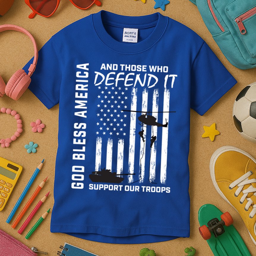 God Bless America Support Our Troops Veterans American Flag Meaningful Gift Kids T-Shirt