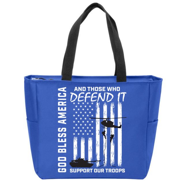 God Bless America Support Our Troops Veterans American Flag Meaningful Gift Zip Tote Bag