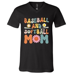 Groovy baseball and softball mom Funny Mother's Day Mom Gift V-Neck T-Shirt