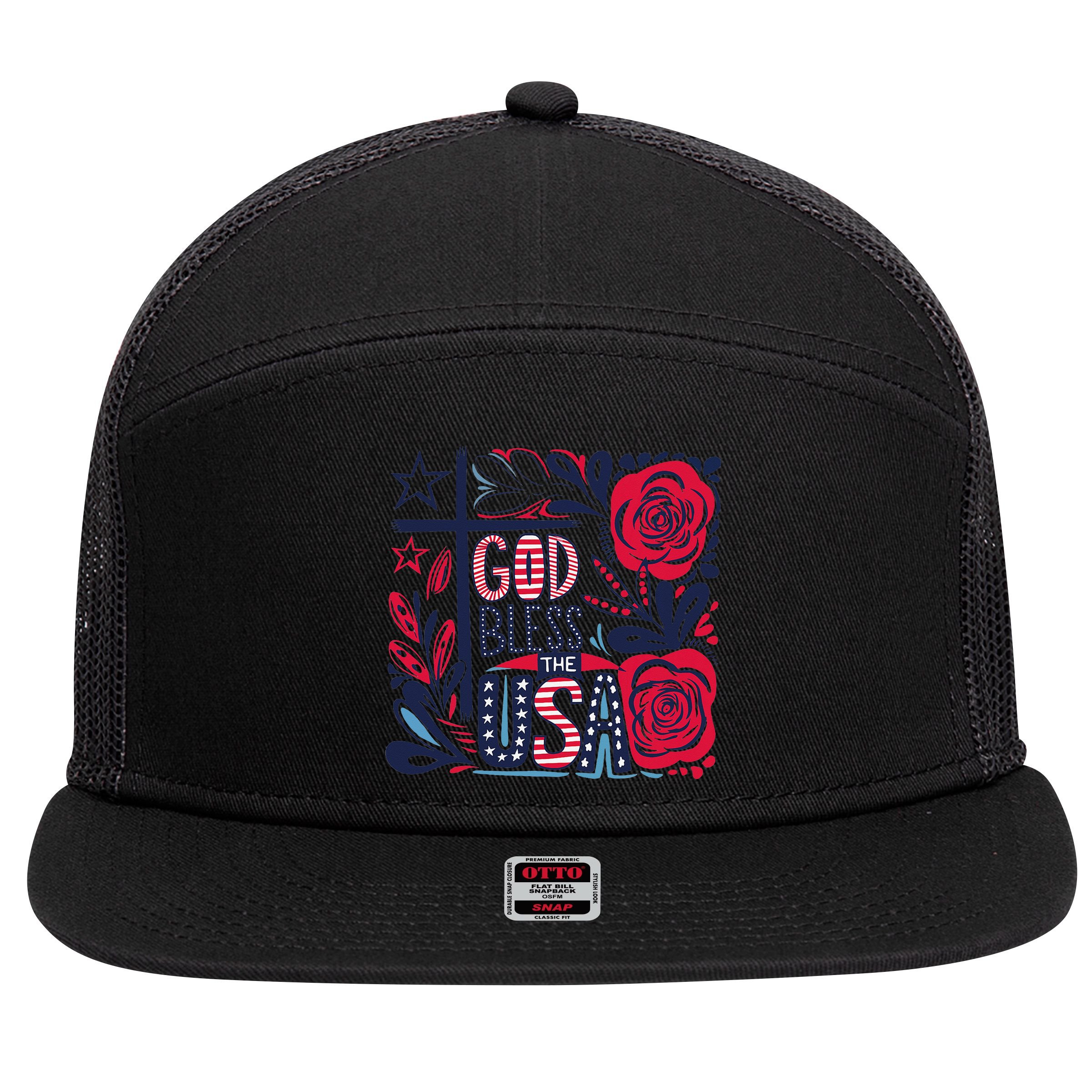 God Bless America Patriotic Usa Flag Christian 4th Of July 7 Panel Mesh Trucker Snapback Hat