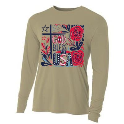 God Bless America Patriotic Usa Flag Christian 4th Of July Cooling Performance Long Sleeve Crew