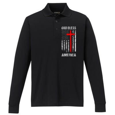 God Bless America Christian Patriot Usa Flag Performance Long Sleeve Polo