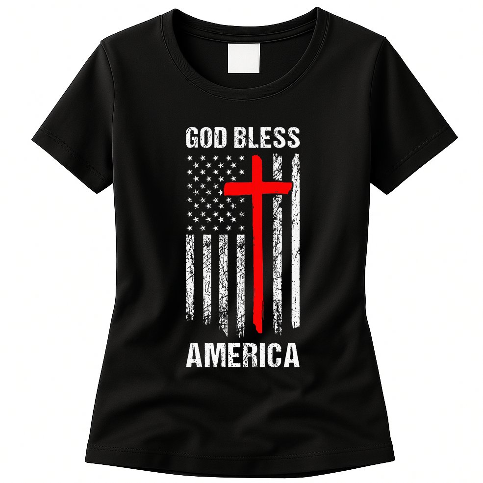 God Bless America Christian Patriot Usa Flag Womens T-Shirt