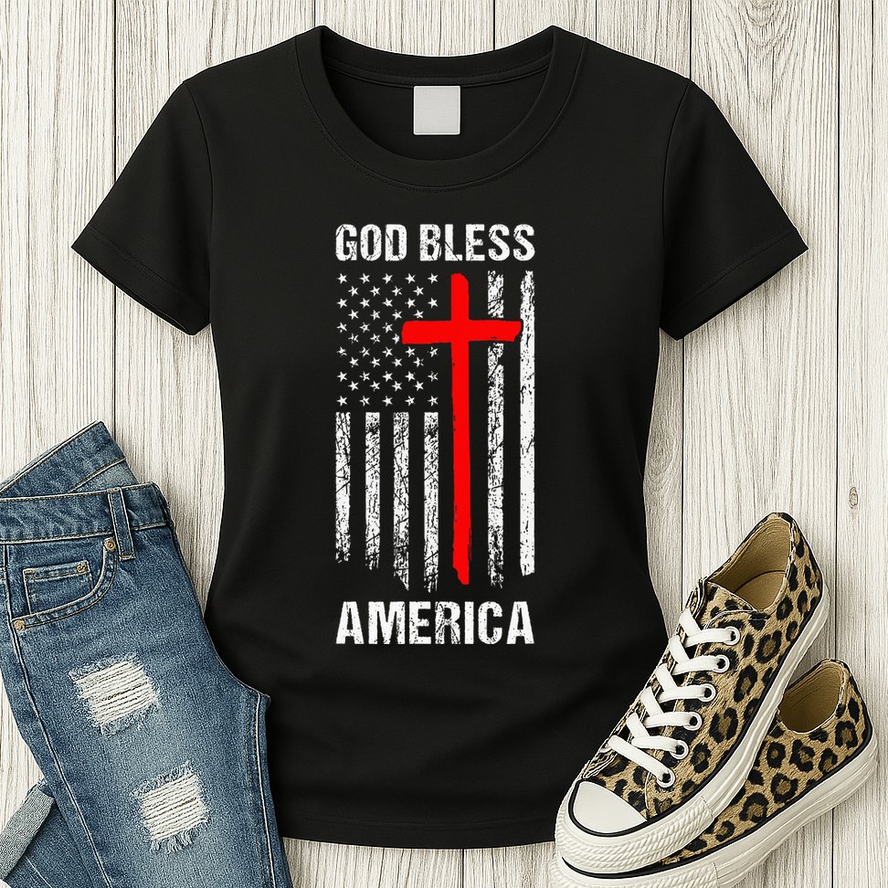 God Bless America Christian Patriot Usa Flag Womens T-Shirt