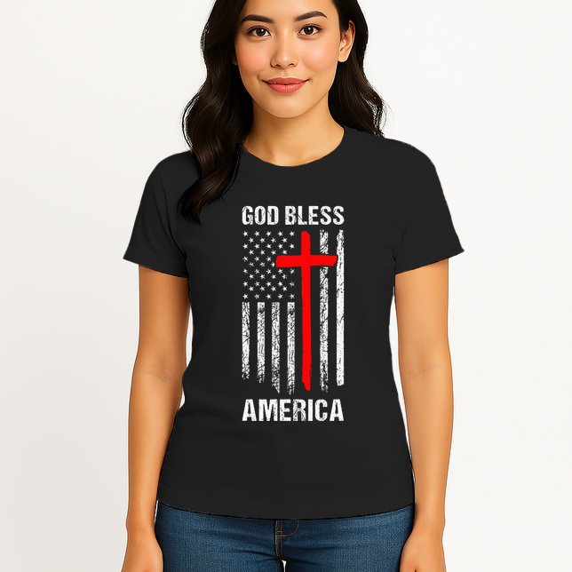 God Bless America Christian Patriot Usa Flag Womens T-Shirt